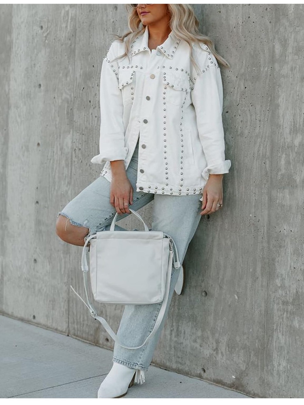 White Studded Denim Jacket - Women's Coat women button front jacket - Picture 3 of 4